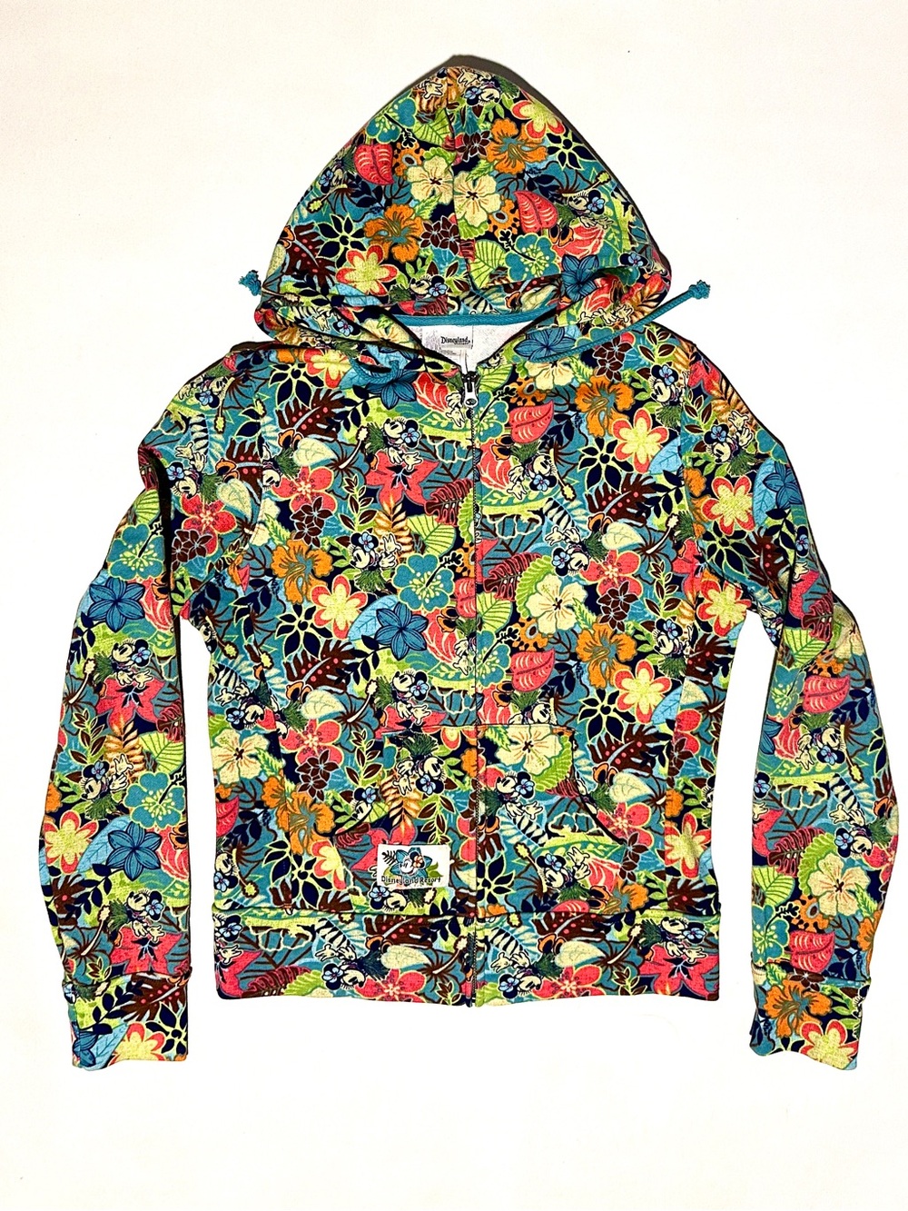 Y2K DISNEYLAND RESORT TROPICAL HULA MINNIE MOUSE FLORAL FULL ZIP HOODIE NEW SzM